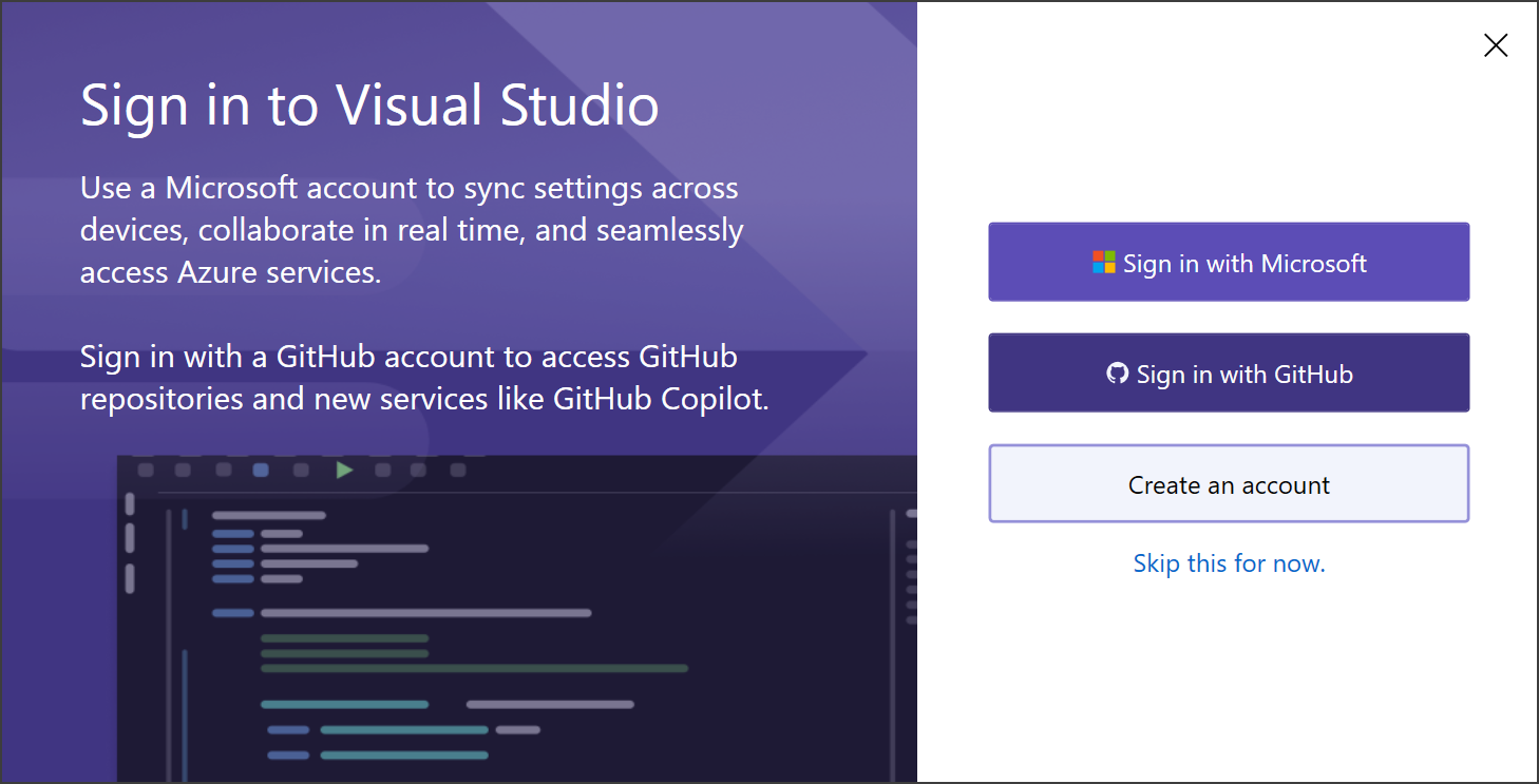 Visual Studio の初回起動時のサインインを示すスクリーンショット。