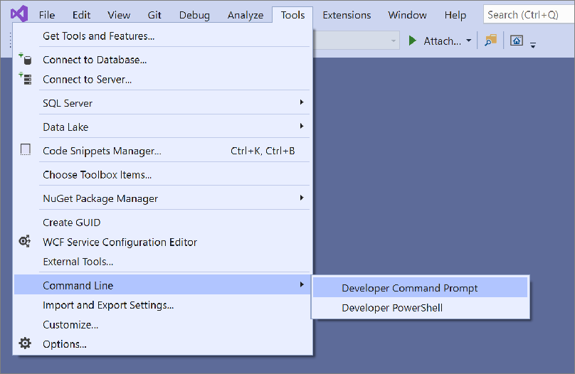 Visual Studio 2019 の [コマンド ライン] メニューのスクリーンショット。