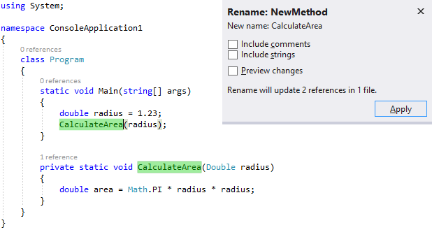 Program クラスの C# コードを示すスクリーンショット。メソッド名が強調表示され、[名前の変更] ポップアップ ウィンドウが開きます。