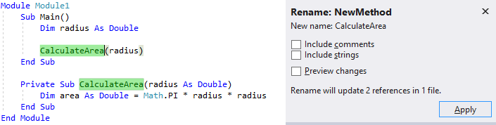 メイン サブの Visual Basic コードを示すスクリーンショット。メソッド名が強調表示され、[名前の変更] ポップアップ ウィンドウが開きます。