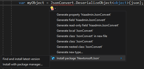 Visual Studio に NuGet パッケージをインストールするためのクイック アクション