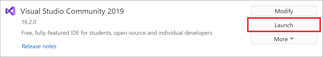 Visual Studio 2019 の起動に使用できる Visual Studio インストーラーの [起動] ボタンを示すスクリーンショット。