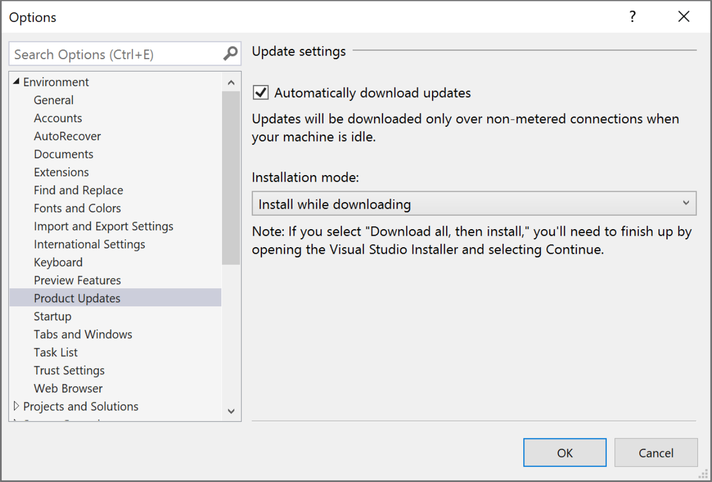Visual Studio の更新設定を示すスクリーンショット。