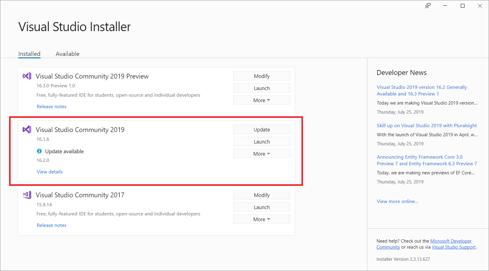 使用可能な更新プログラムを含む Visual Studio 2019 のインストールを示すスクリーンショット。
