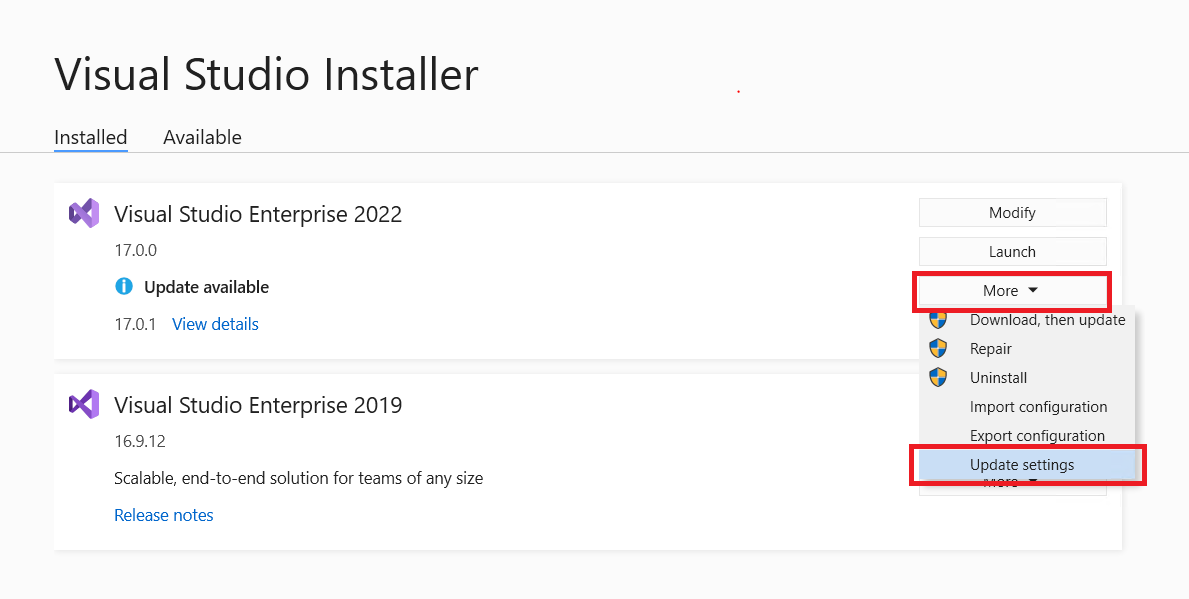 インストーラーの [更新プログラム] 設定を示すスクリーンショット。