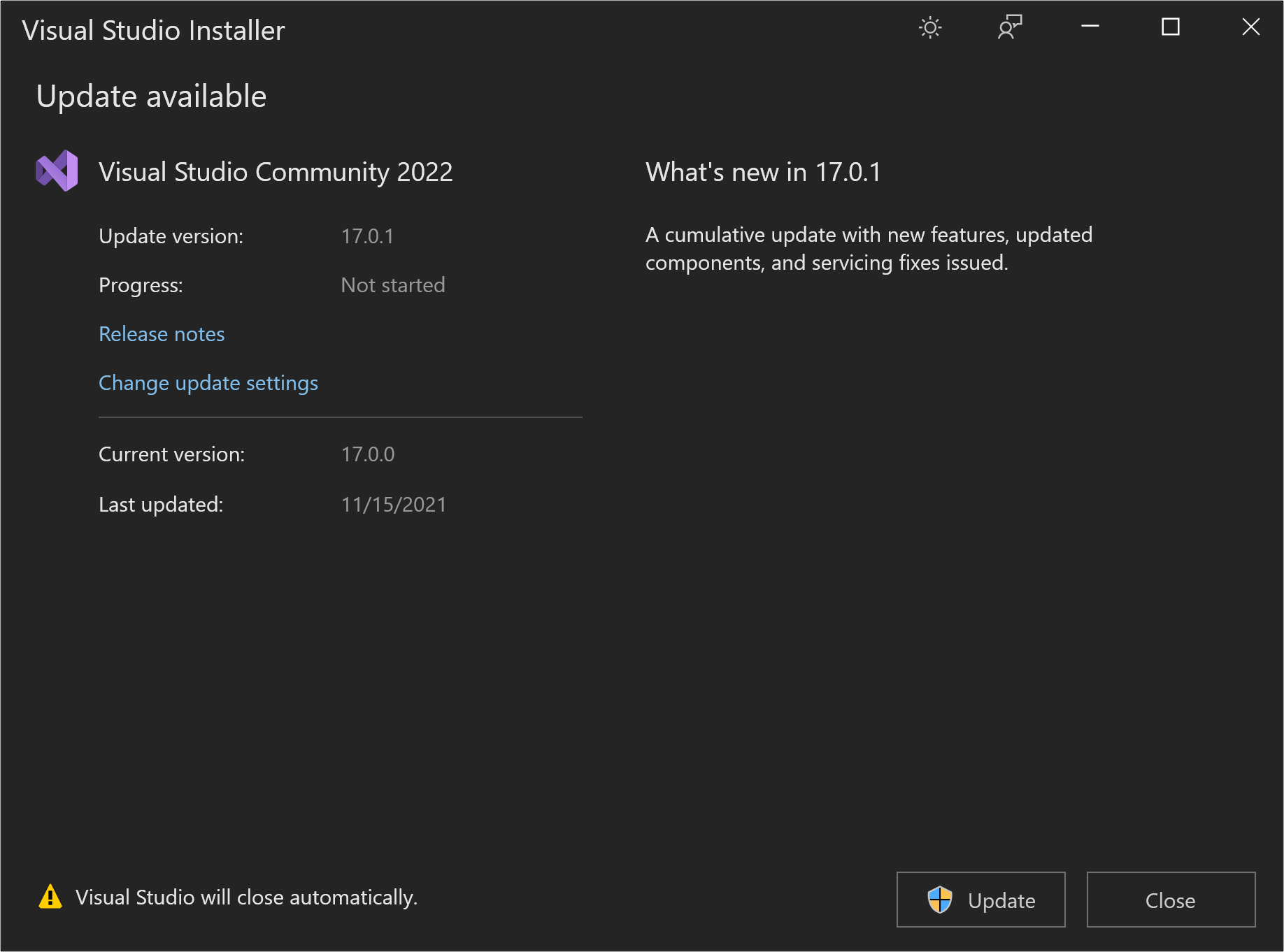 Visual Studio 2022 の [利用可能な更新] ダイアログ ボックスの [更新] ボタンを示すスクリーンショット。