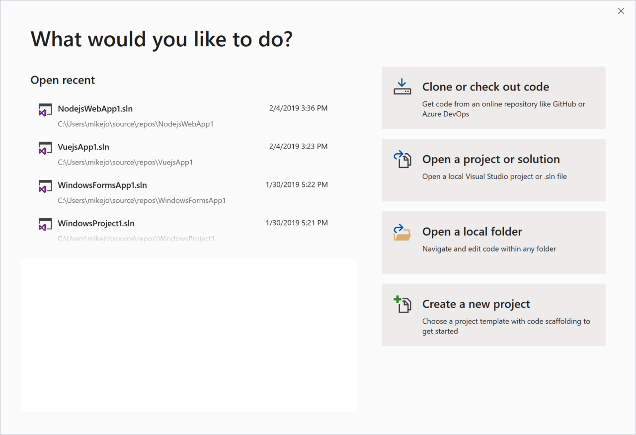 Visual Studio 2019 のスタート ウィンドウのスクリーンショット。