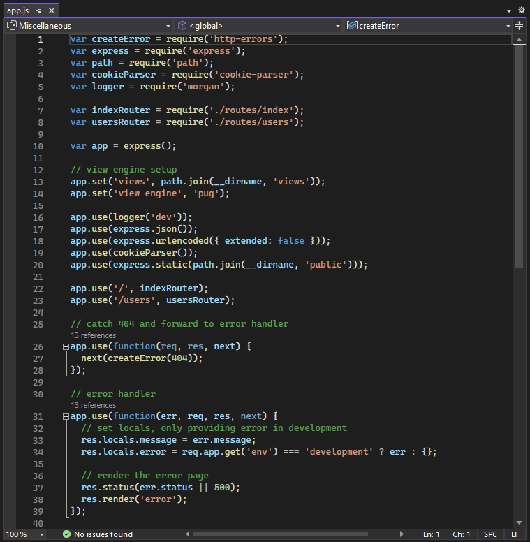 Visual Studio のエディターのスクリーンショット。