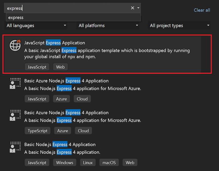 Visual Studio のスタート ウィンドウで JavaScript Express アプリケーション テンプレートを検索して選択する方法を示すスクリーンショット。
