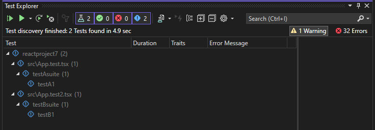 テスト エクスプローラーのテスト検出 (ASP.NET Core) のスクリーンショット。