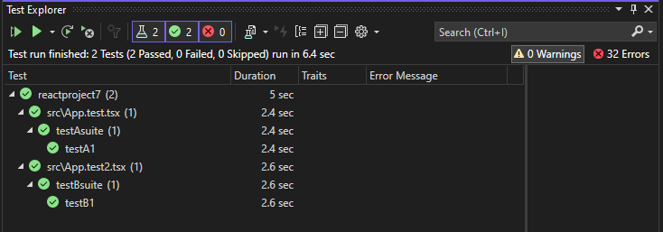 テスト エクスプローラーの結果のスクリーンショット (ASP.NET Core)。