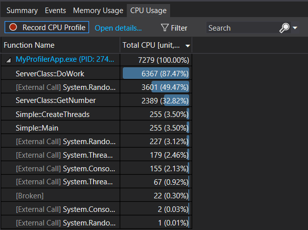 診断ツールの CPU 使用率の関数一覧を示すスクリーンショット。