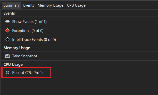 診断ツールの [CPU プロファイルの有効化] を示すスクリーンショット。