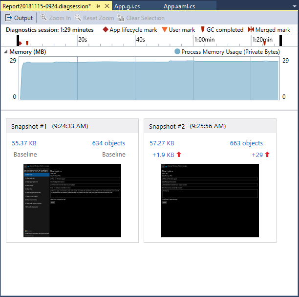 Visual Studio パフォーマンス プロファイラーのメモリ使用量ツールの概要ページのスクリーンショット。メモリ使用量グラフと 2 つのスナップショット ペインが表示されています。