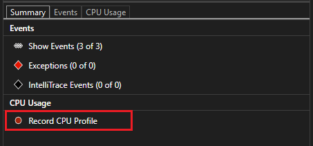 診断ツールの [CPU プロファイルの有効化] を示すスクリーンショット。