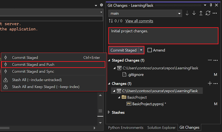 コミット メッセージを編集し、Git の [変更] ウィンドウでステージングされたコミットをコミットしてプッシュする方法を示すスクリーンショット。