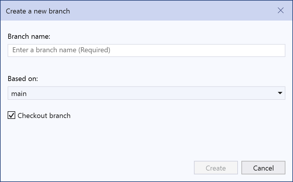 Visual Studio の [新しいブランチの作成] ダイアログ ボックス 