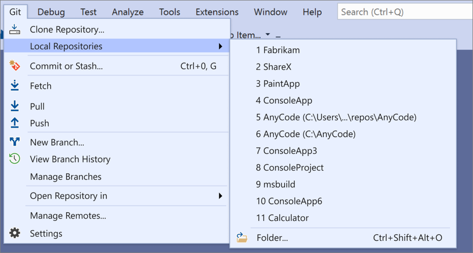 Visual Studio の Git メニューの [ローカル リポジトリ] オプション 