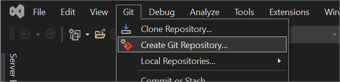 Visual Studio の Git メニューの [Git リポジトリの作成] オプションのスクリーンショット。