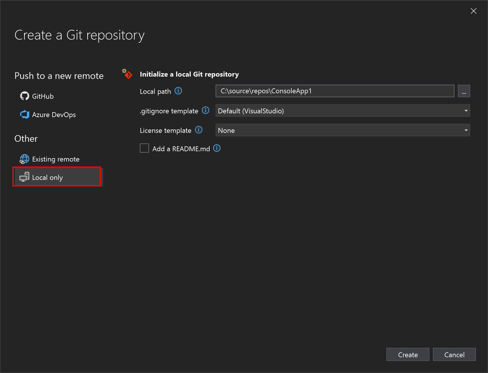 [Git リポジトリの作成] 画面のスクリーンショット。[ローカルのみ] オプションが表示されています。