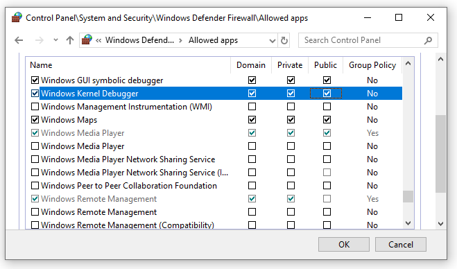 3 つのネットワークの種類がすべて有効になっている Windows GUI シンボリック デバッガーと Windows カーネル デバッガー アプリケーションを表示するコントロール パネルのファイアウォール構成のスクリーンショット。