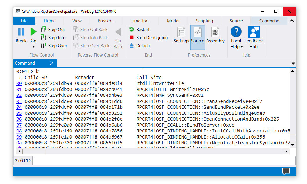 WinDbg のスタック トレースのスクリーンショット。