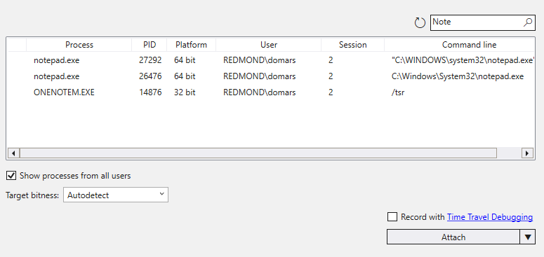 WinDbg デバッガーの [プロセスにアタッチ] ダイアログのスクリーンショット。