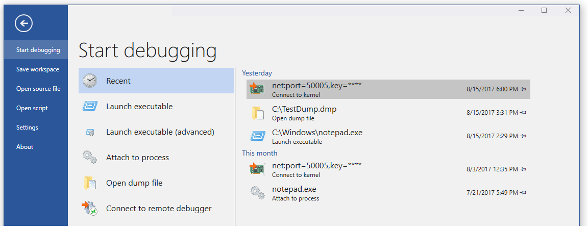 WinDbg デバッガーのデバッグ開始画面のスクリーンショット。