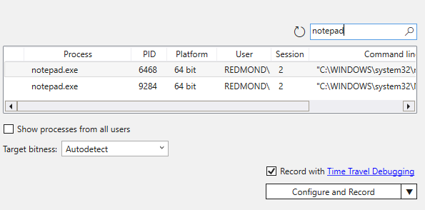 記録用にメモ帳プロセスが選択されている WinDbg の [プロセス レコード] ダイアログのスクリーンショット。