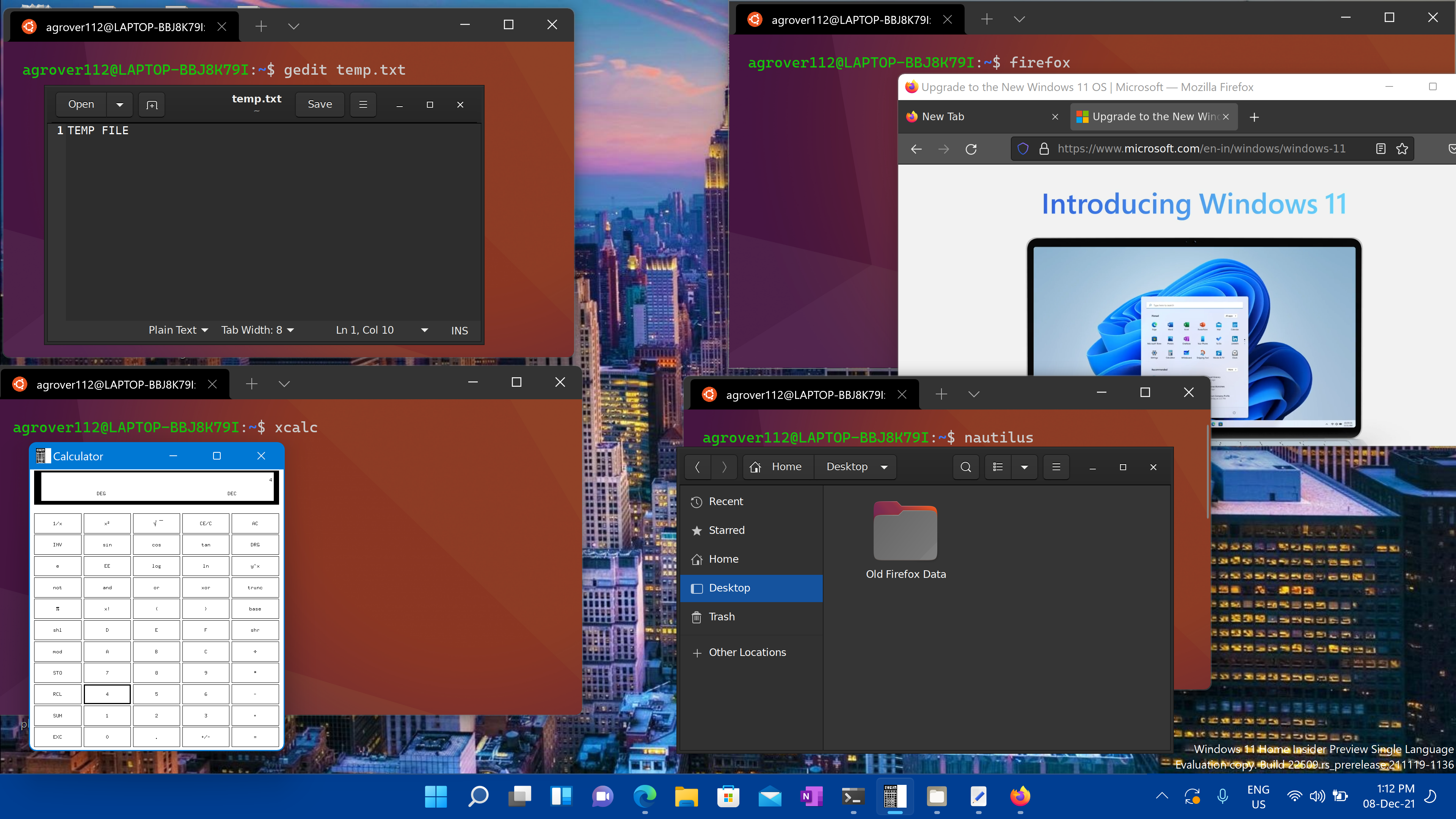 デスクトップで開いている Linux アプリと Windows アプリのスクリーンショット