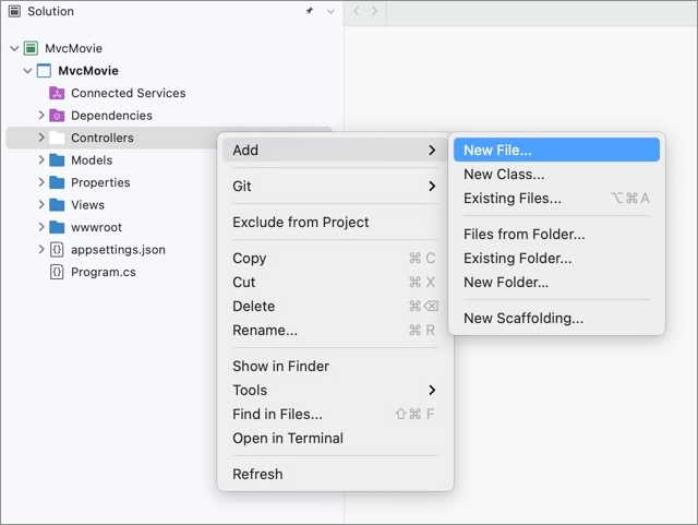 contextmenu voor het toevoegen van een controller