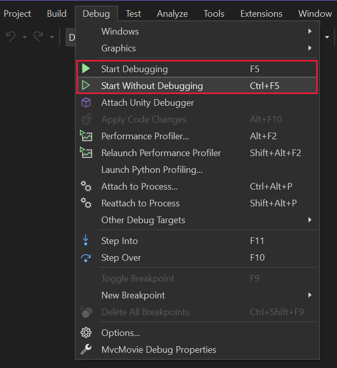 Start Debuggen en Starten Zonder Debuggen menu's