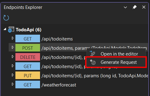 Het contextmenu van Endpoints Explorer waarin het menu-item Aanvraag genereren is gemarkeerd.