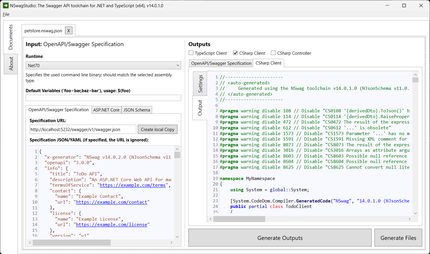 NSwag Studio importeert de specificatie en exporteert een CSharp-client.