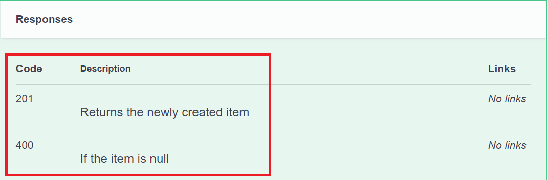 Swagger-gebruikersinterface met POST-antwoordklassebeschrijving 'Retourneert het zojuist gemaakte takenitem' en '400 - als het item null is' voor statuscode en reden onder Antwoordberichten.