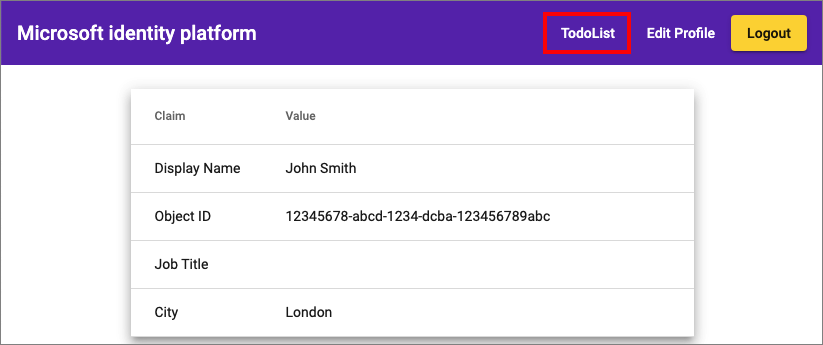 Schermopname van de Angular-voorbeeld-app met het gebruikersprofiel en de aanroep naar de to-do lijst.