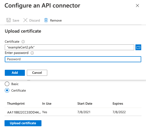 Geef een nieuw certificaat op voor een API-connector wanneer er al een bestaat.