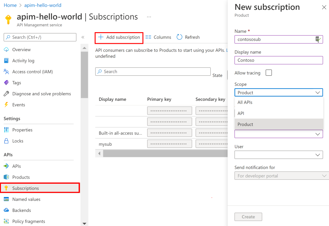 schermopname waarin wordt getoond hoe u een API Management-abonnement maakt in de portal.