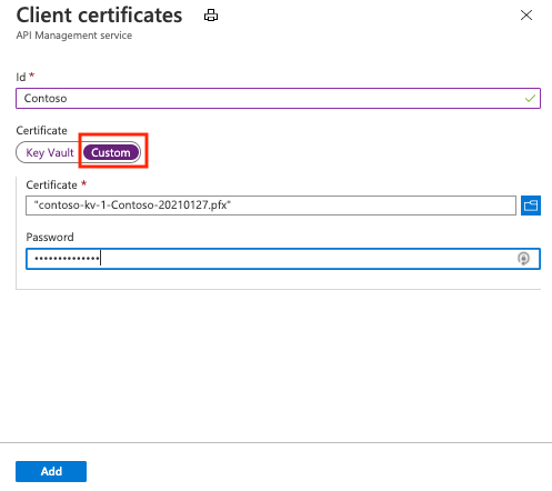 Schermopname van het uploaden van een clientcertificaat naar API Management in de portal.
