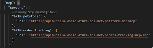 Schermopname van MCP-servers die zijn geconfigureerd in Visual Studio Code.