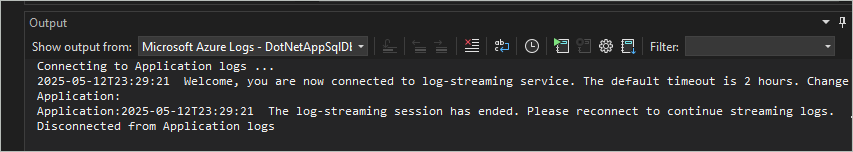 Schermopname die logstreaming in het uitvoervenster toont.