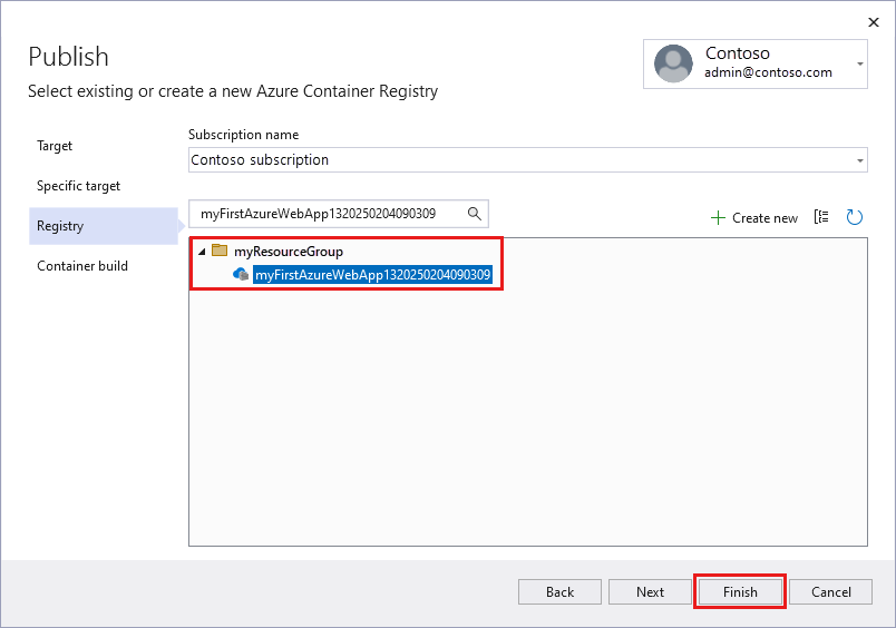 Schermopname van het selectiescherm voor een bestaande Azure Container Registry.