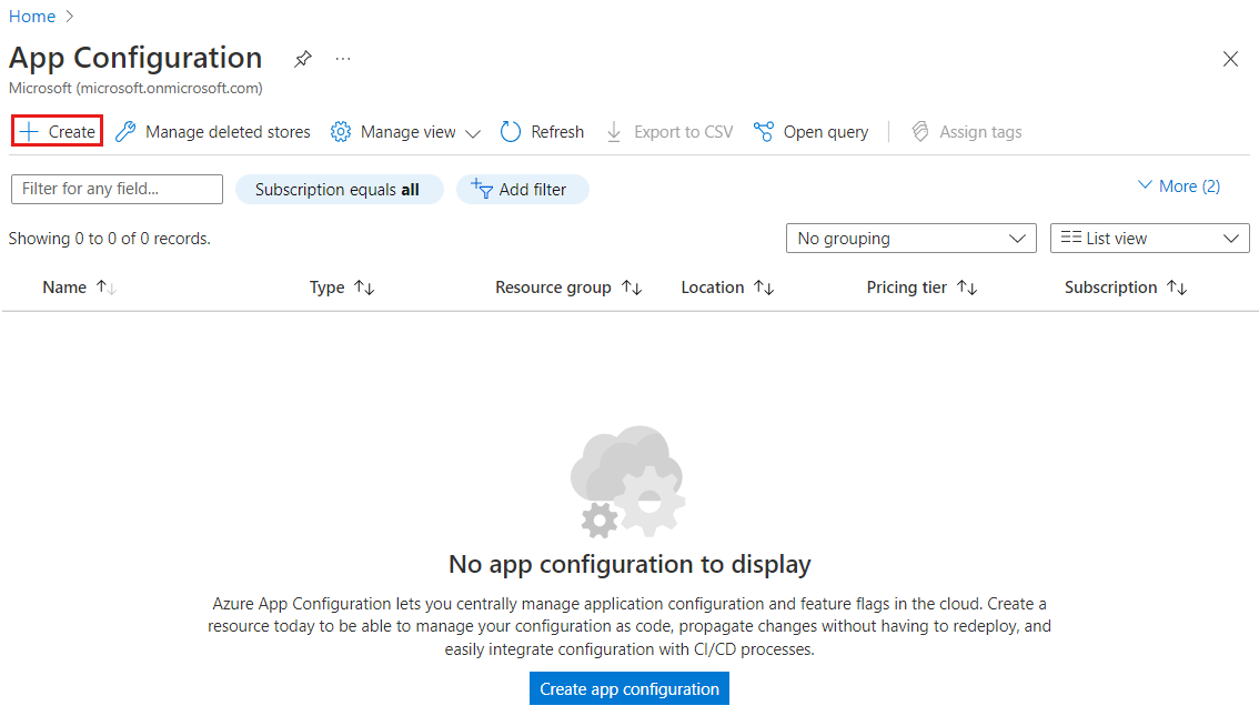 Schermopname van de Azure-portal die de knop toont om de creatie van een App Configuration-opslag te starten.