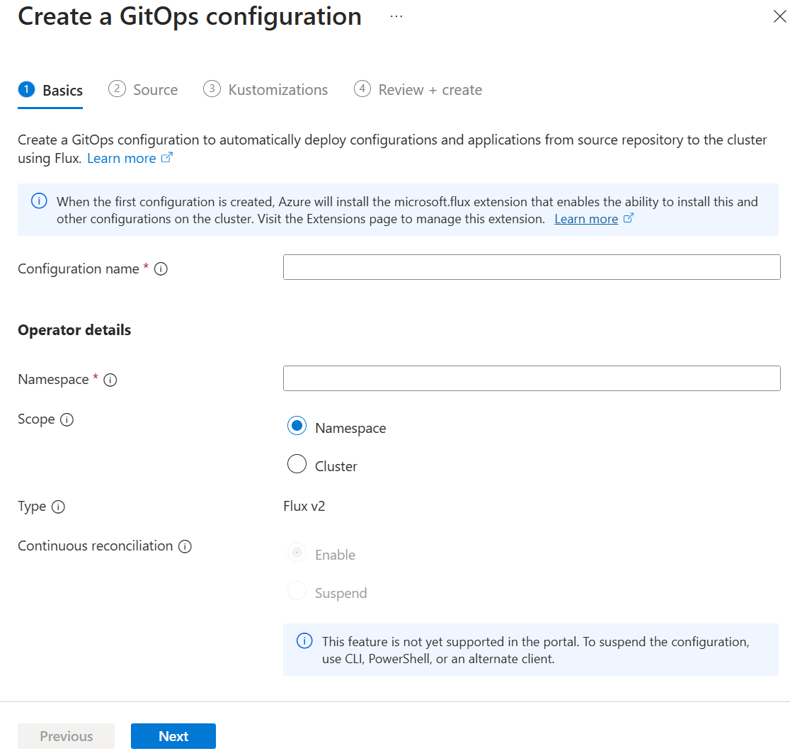 Schermopname van de basisopties voor een GitOps-configuratie in Azure Portal.