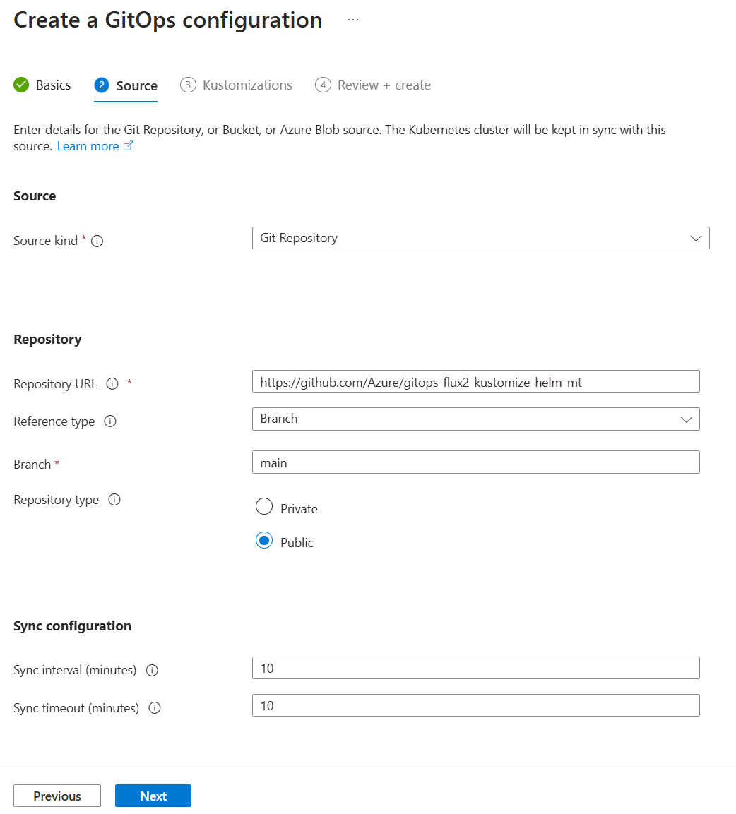 Schermopname met de bronopties voor een GitOps-configuratie in Azure Portal.