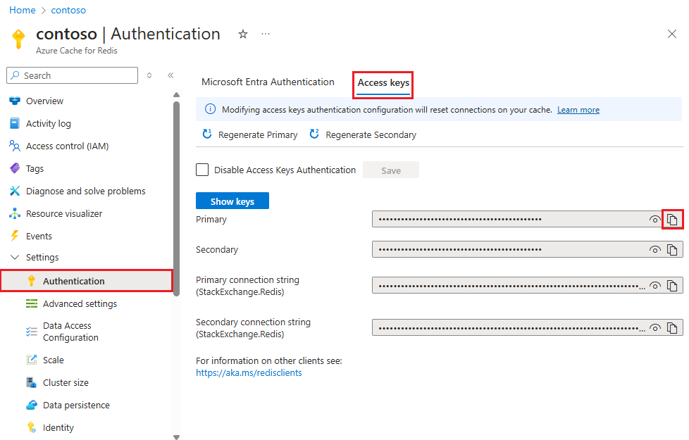 Schermopname van toegangssleutels voor Azure Redis Cache.