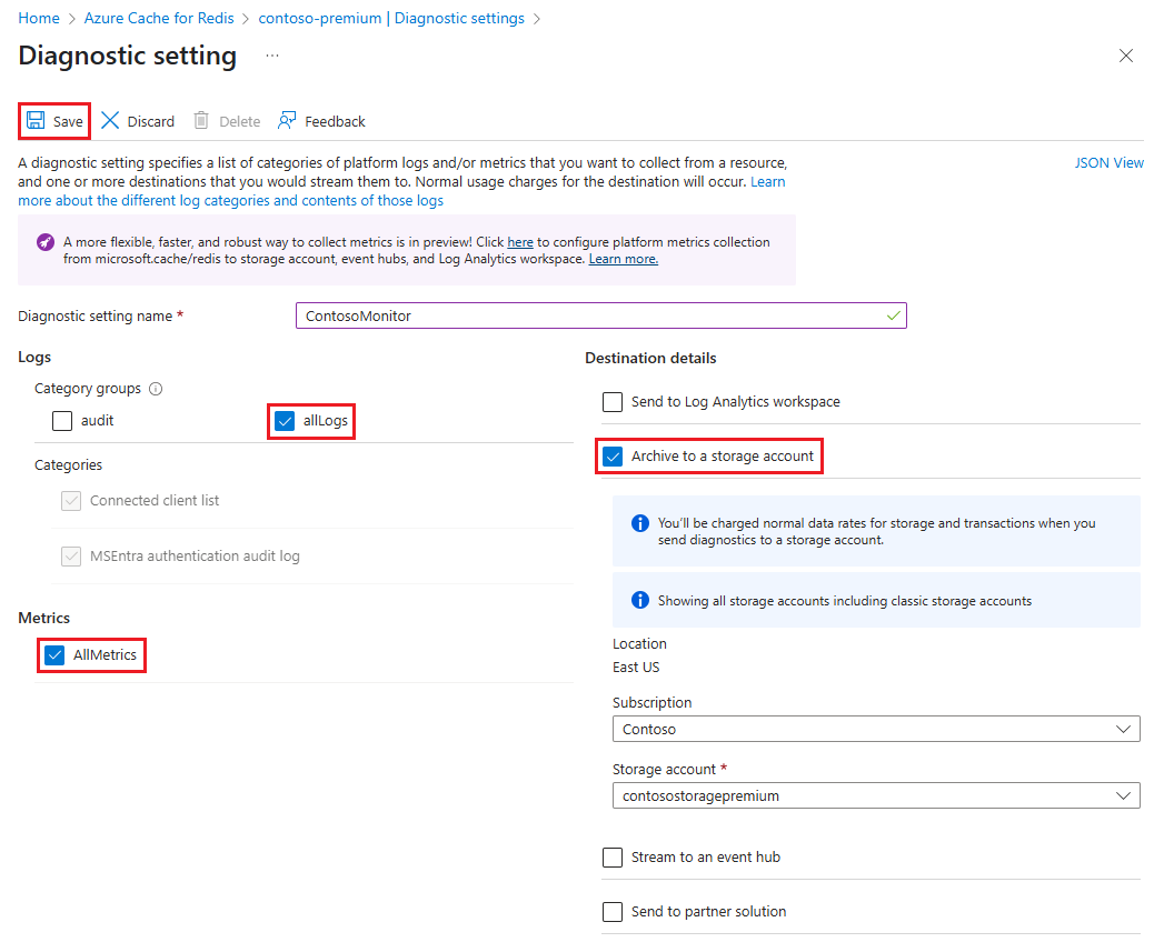 Schermopname van de configuratiepagina voor diagnostische instellingen voor een Premium-cache.