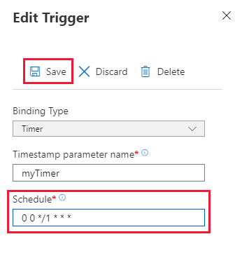 Schermopname van de pagina timerschema bijwerken functie in de Azure portal.