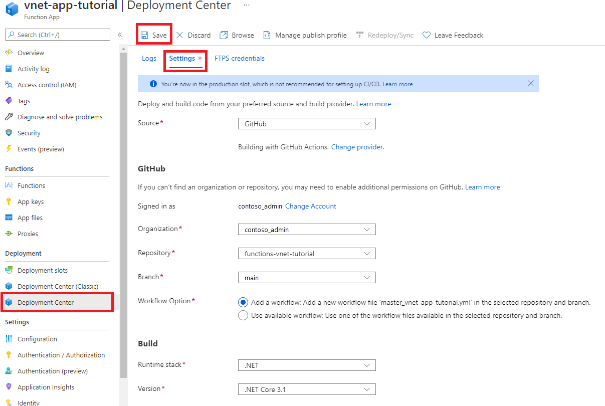 Schermopname van het implementeren van Azure Functions-code via de portal.