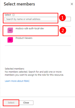 Een schermopname van het filteren op en selecteren van de Microsoft Entra-groep voor de toepassing in het dialoogvenster Leden selecteren.